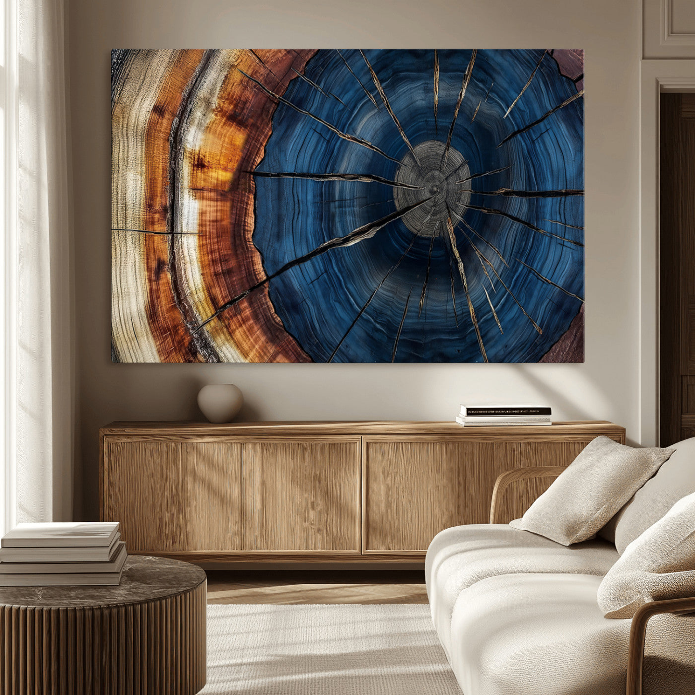 60099360-MGV-CV-36X24-Blue Tree Ring Wall Art – Rustic Wood Grain Canvas Print, Modern Abstract Artwork with Natural Texture for Living Room, Bedroom,