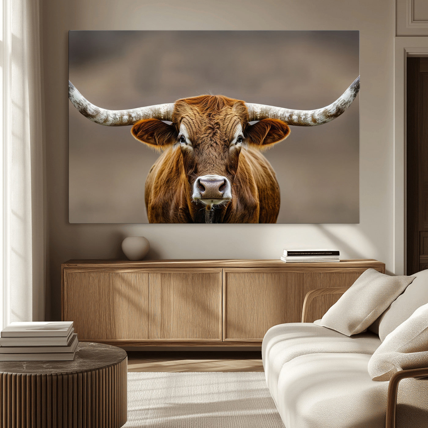 12179171-MGV-CV-36X24-Texas Longhorn Wall Art Canvas Print, Framed Brown Bull Art Picture Print, Lone Cattle Perfect Rustic Western Decor Artwork