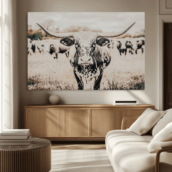 27497342-MGV-CV-36X24-Texas Longhorn Wall Art Canvas Print, Framed Speckled Cow Art Picture Print, Horned Cattle Perfect Rustic Western Decor Artwork