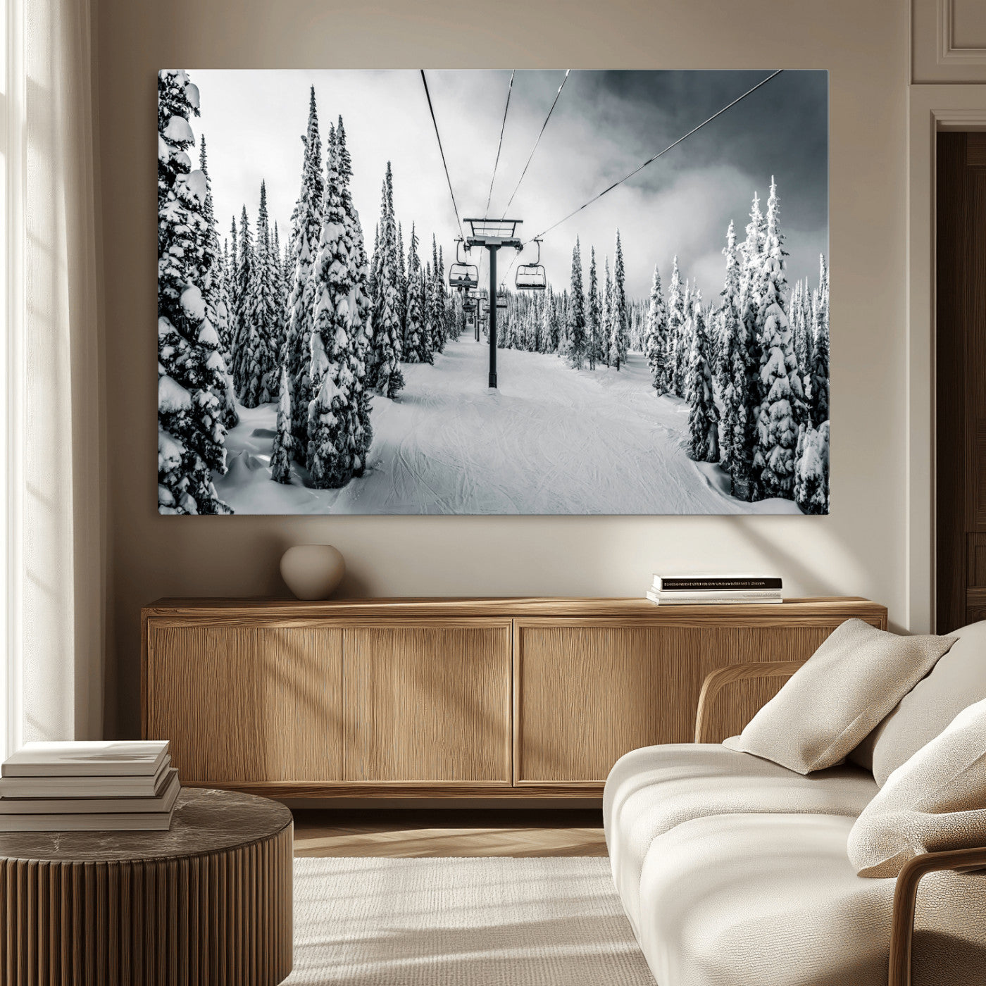 31156828-MGV-CV-36X24-Snowy Pines Wall Art Canvas Print, Framed Ski Lift Art Picture Print, Winter Forest Perfect Moody Lodge Decor Artwork