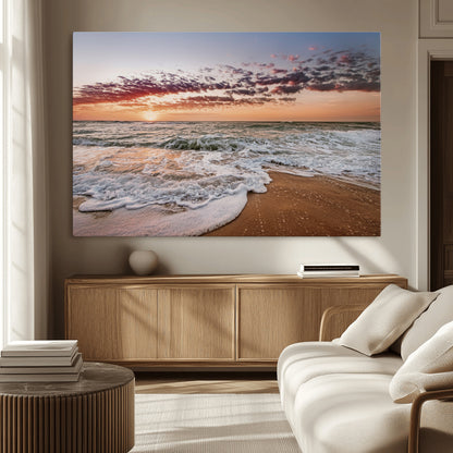 39846389-MGV-CV-36X24-Ocean Sunset Wall Art Canvas Print, Framed Sandy Shore Art Picture Print, Gentle Waves Perfect Minimalist Coastal Decor Artwork