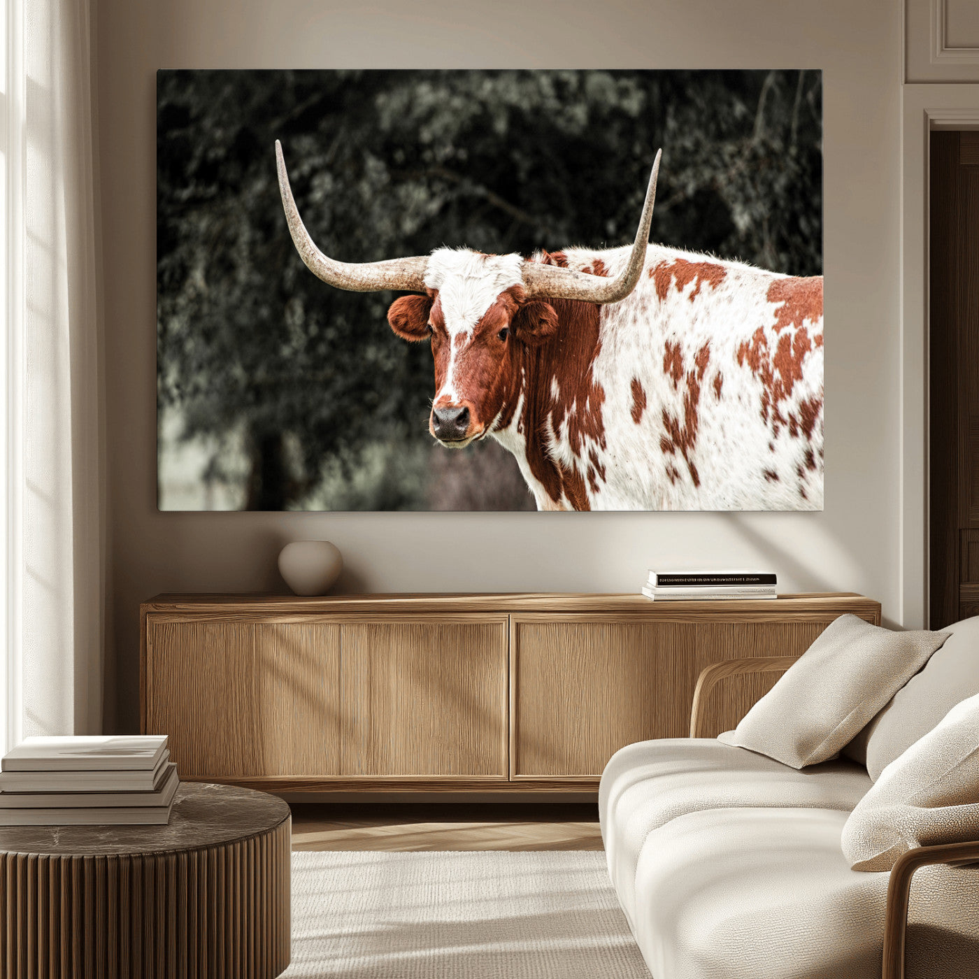 54027638-MGV-CV-36X24-Texas Longhorn Wall Art Canvas Print, Framed Spotted Cow Art Picture Print, Horned Bull Perfect Rustic Western Decor Artwork