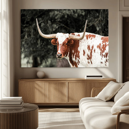 54027638-MGV-CV-36X24-Texas Longhorn Wall Art Canvas Print, Framed Spotted Cow Art Picture Print, Horned Bull Perfect Rustic Western Decor Artwork