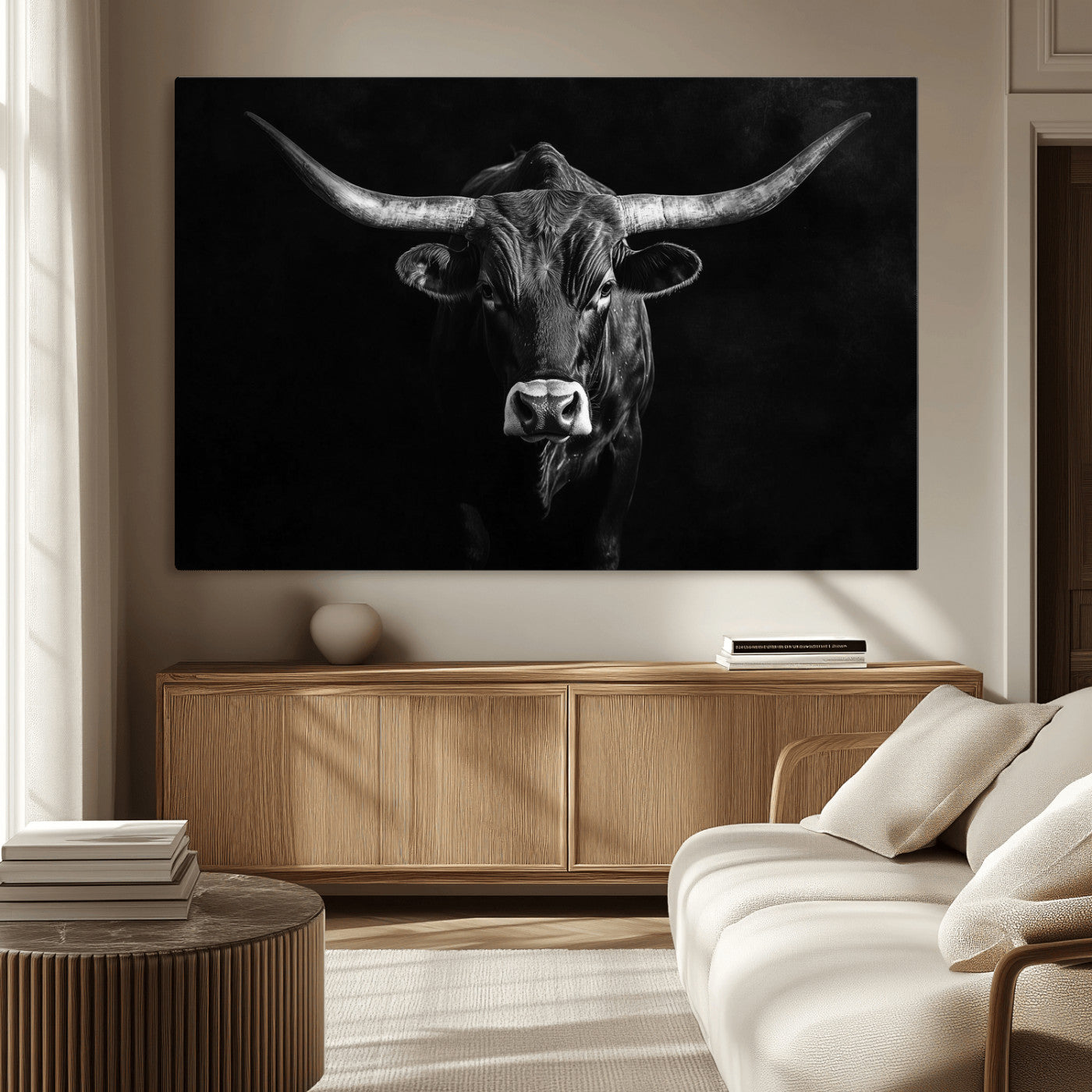 42077175-MGV-CV-36X24-Texas Longhorn Wall Art Canvas Print, Framed Monochrome Bull Art Picture Print, Horned Bull Perfect Rustic Western Decor Artwork