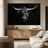42077175-MGV-CV-36X24-Texas Longhorn Wall Art Canvas Print, Framed Monochrome Bull Art Picture Print, Horned Bull Perfect Rustic Western Decor Artwork