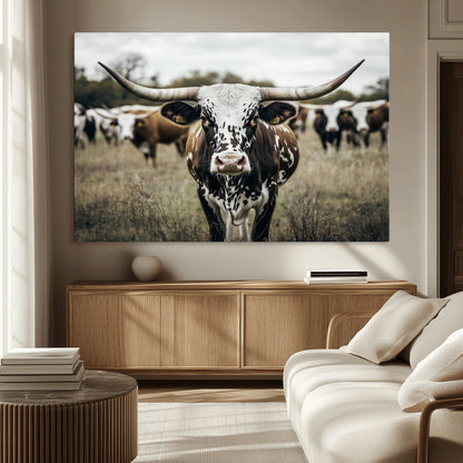 79025945-MGV-CV-36X24-Texas Longhorn Wall Art Canvas Print, Framed Speckled Cow Art Picture Print, Horned Cattle Perfect Rustic Western Decor Artwork