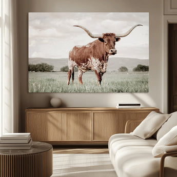 28309012-MGV-CV-36X24-Texas Longhorn Wall Art Canvas Print, Framed Spotted Cattle Art Picture Print, Horned Bull Perfect Rustic Western Decor Artwork