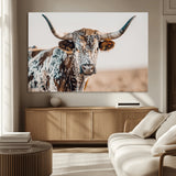 70414966-MGV-CV-36X24-Texas Longhorn Wall Art Canvas Print, Framed Speckled Cow Art Picture Print, Horned Bull Perfect Rustic Western Decor Artwork