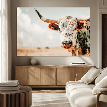 72766375-MGV-CV-36X24-Texas Longhorn Wall Art Canvas Print, Framed Spotted Cow Art Picture Print, Horned Cattle Perfect Rustic Western Decor Artwork