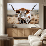 76294381-MGV-CV-36X24-Texas Longhorn Wall Art Canvas Print, Framed Spotted Cow Art Picture Print, Horned Cattle Perfect Rustic Western Decor Artwork