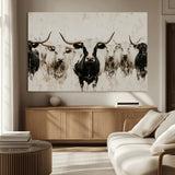 12027562-MGV-CV-36X24-Longhorn Cattle Wall Art Canvas Print, Framed Bison Herd Art Picture Print, Cattle Group Perfect Rustic Farmhouse Decor Artwork