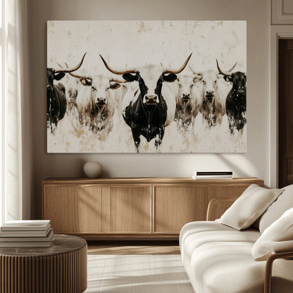 12027562-MGV-CV-36X24-Longhorn Cattle Wall Art Canvas Print, Framed Bison Herd Art Picture Print, Cattle Group Perfect Rustic Farmhouse Decor Artwork