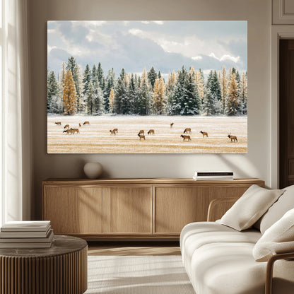 64188182-MGV-CV-36X24-Elk Herd Wall Art Canvas Print, Framed Snowy Forest Art Picture Print, Forest Elks Perfect Neutral Rustic Decor Artwork