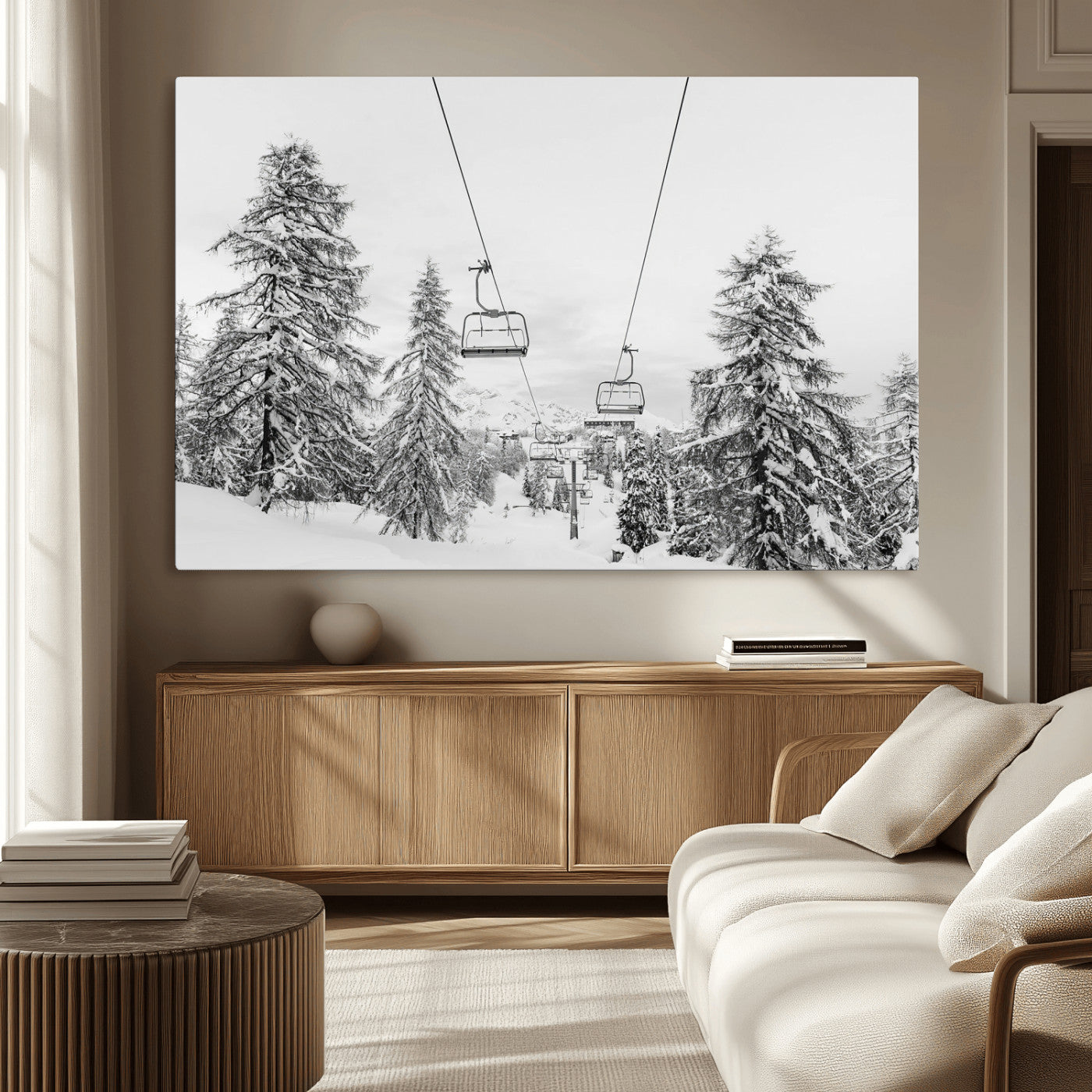 55003599-MGV-CV-36X24-Snowy Ski Lift Wall Art Canvas Print, Framed Winter Forest Art Picture Print, Ski lift Ride Perfect Winter Lodge Decor Artwork