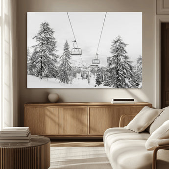 55003599-MGV-CV-36X24-Snowy Ski Lift Wall Art Canvas Print, Framed Winter Forest Art Picture Print, Ski lift Ride Perfect Winter Lodge Decor Artwork
