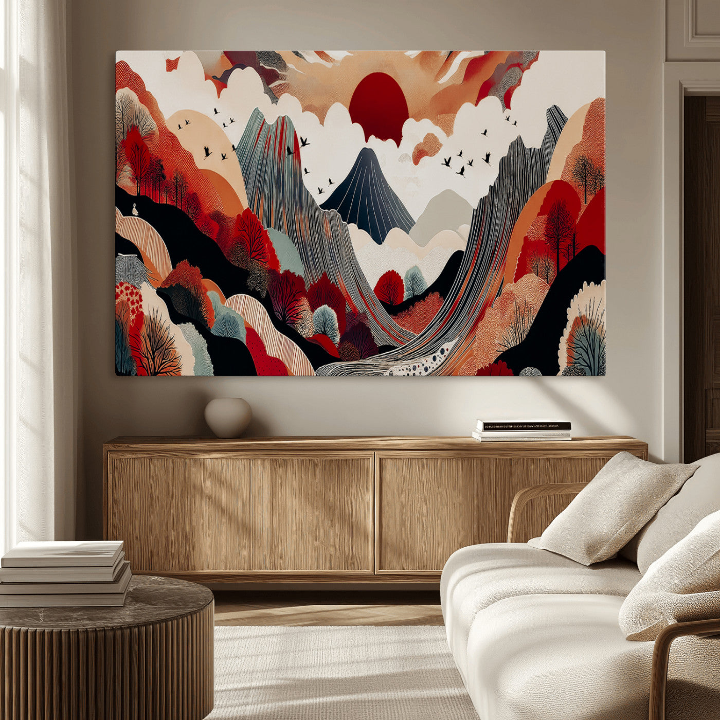 59495752-MGV-CV-36X24-Abstract Mountain Wall Art Canvas Print, Framed Vibrant Landscape Art Picture Print, Nature Drawing Perfect Contemporary