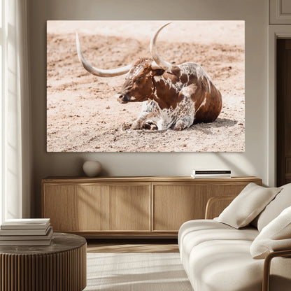 91248682-MGV-CV-36X24-Texas Longhorn Wall Art Canvas Print, Framed Resting Bull Art Picture Print, Spotted Cattle Perfect Rustic Western Decor Artwork