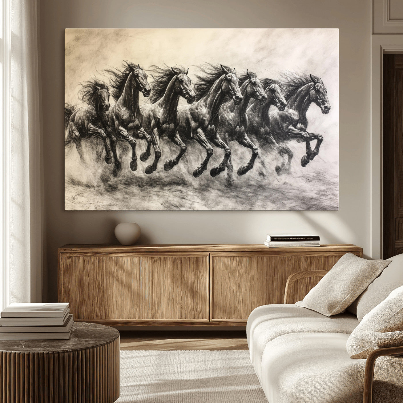 56089591-MGV-CV-36X24-Galloping Horses Wall Art Canvas Print, Framed Wild Stallions Art Picture Print, Horse Herd Sketch Perfect Monochrome Dynamic