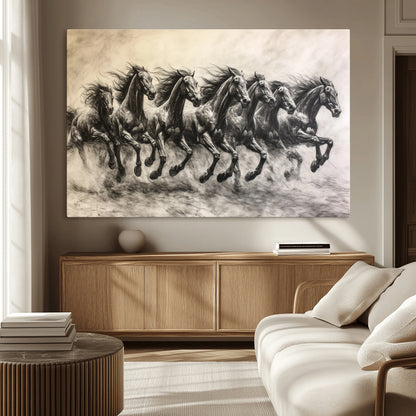 56089591-MGV-CV-36X24-Galloping Horses Wall Art Canvas Print, Framed Wild Stallions Art Picture Print, Horse Herd Sketch Perfect Monochrome Dynamic