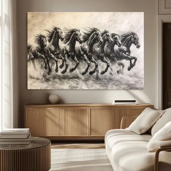 56089591-MGV-CV-36X24-Galloping Horses Wall Art Canvas Print, Framed Wild Stallions Art Picture Print, Horse Herd Sketch Perfect Monochrome Dynamic