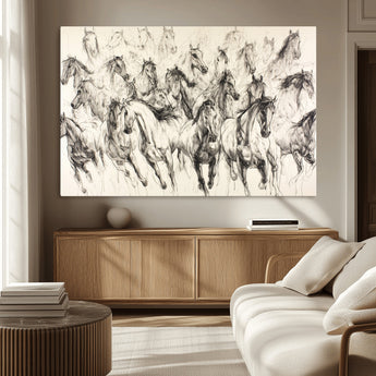 19433417-MGV-CV-36X24-Running Horses Wall Art Canvas Print, Framed Horse Sketch Art Picture Print, Galloping Herd Perfect Monochrome Western Decor