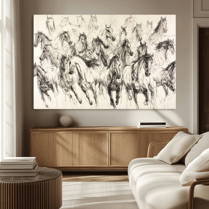 19433417-MGV-CV-36X24-Running Horses Wall Art Canvas Print, Framed Horse Sketch Art Picture Print, Galloping Herd Perfect Monochrome Western Decor
