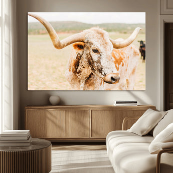 21060648-MGV-CV-36X24-Texas Longhorn Wall Art Canvas Print, Framed Speckled Cow Art Picture Print, Rustic Bull Perfect Rustic Western Decor Artwork