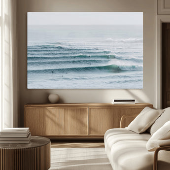 73969318-MGV-CV-36X24-Ocean Waves Wall Art Canvas Print, Framed Surfer Lineup Art Picture Print, Crowded Ocean Perfect Minimal Coastal Decor Artwork