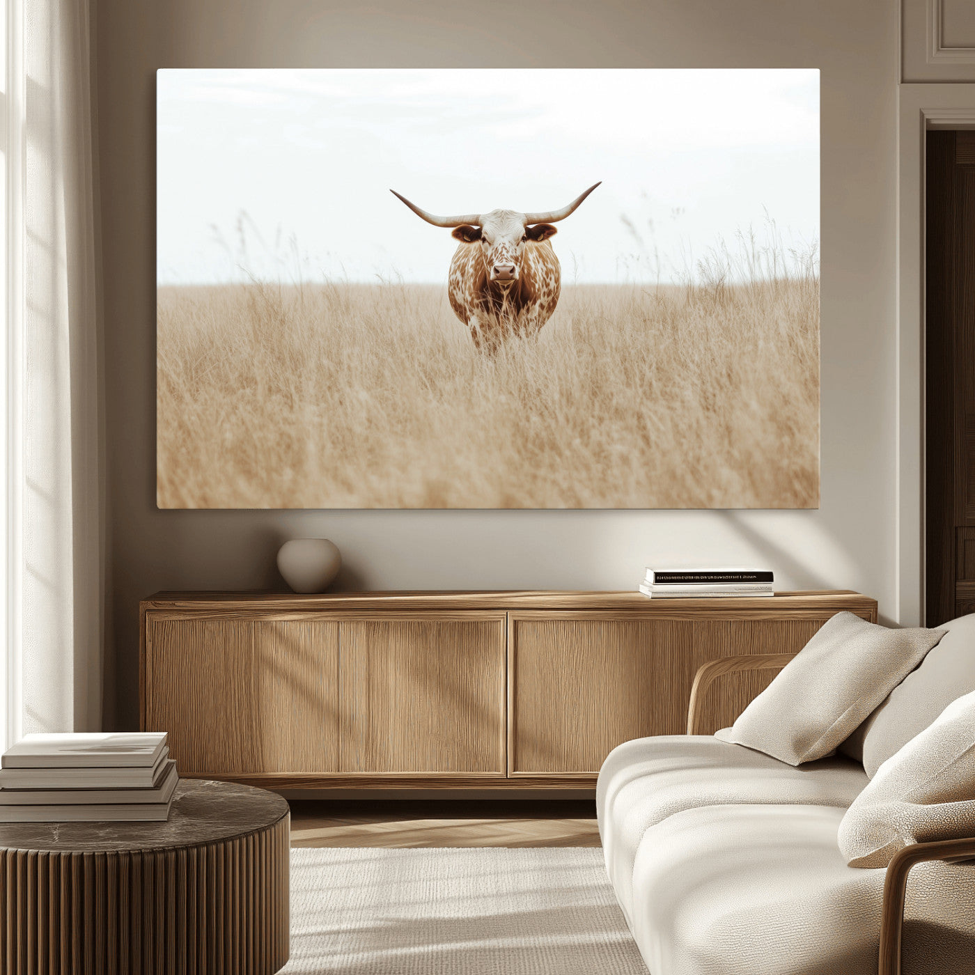 20927060-MGV-CV-36X24-Texas Longhorn Wall Art Canvas Print, Framed Lone Cattle Art Picture Print, Longhorn Bull Perfect Rustic Western Decor Artwork