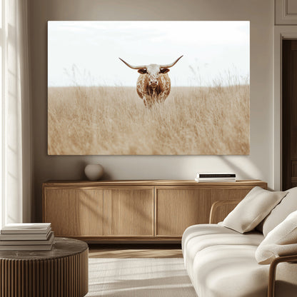 20927060-MGV-CV-36X24-Texas Longhorn Wall Art Canvas Print, Framed Lone Cattle Art Picture Print, Longhorn Bull Perfect Rustic Western Decor Artwork