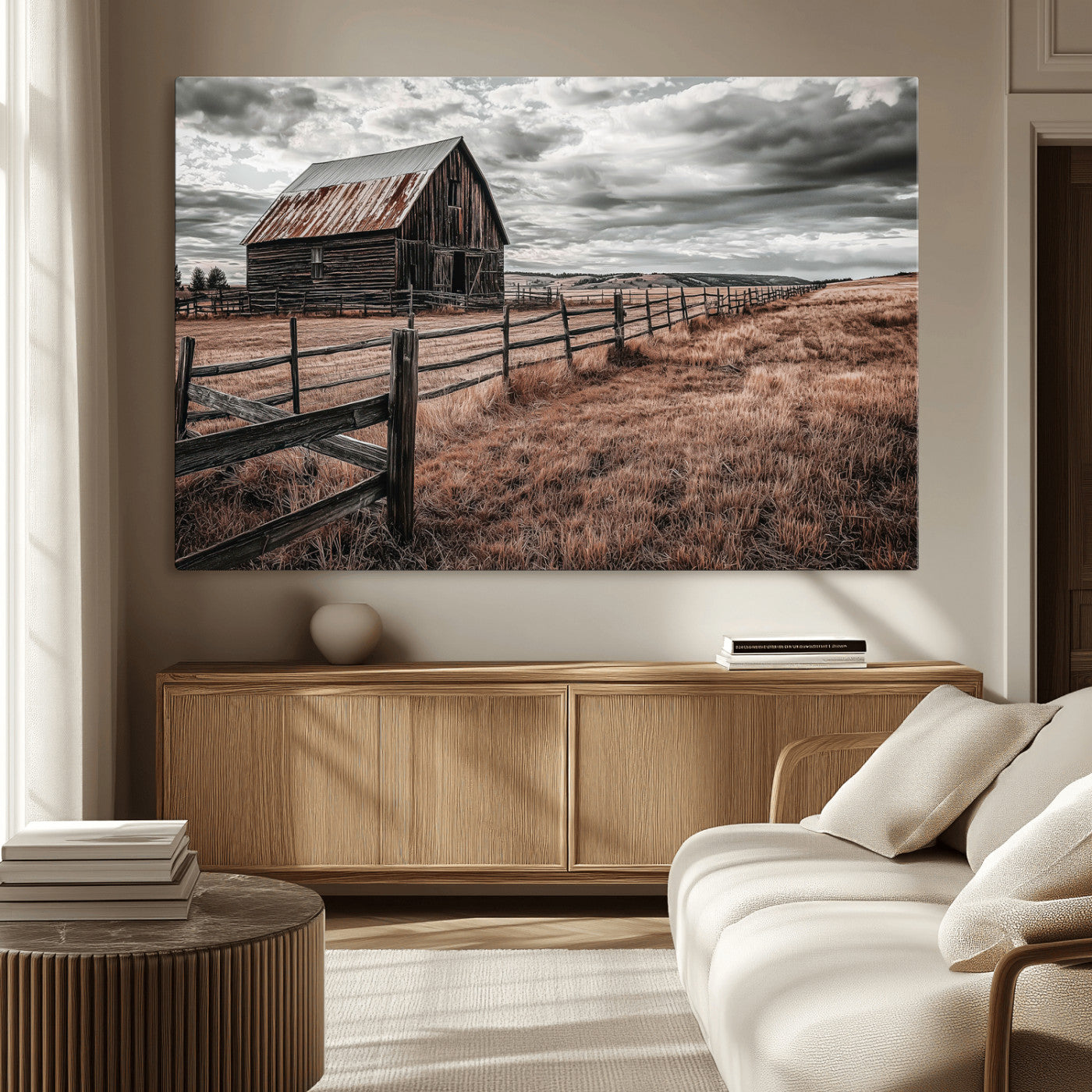 73898372-MGV-CV-36X24-Rustic Barn Wall Art Canvas Print, Framed Moody Field Art Picture Print, Weathered Fence Perfect Moody Farmhouse Decor Artwork