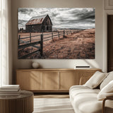 73898372-MGV-CV-36X24-Rustic Barn Wall Art Canvas Print, Framed Moody Field Art Picture Print, Weathered Fence Perfect Moody Farmhouse Decor Artwork