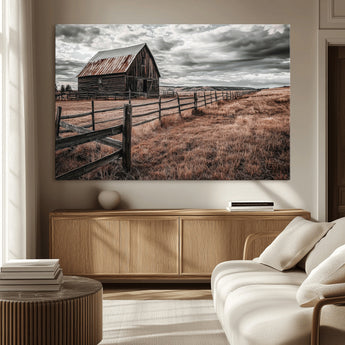 73898372-MGV-CV-36X24-Rustic Barn Wall Art Canvas Print, Framed Moody Field Art Picture Print, Weathered Fence Perfect Moody Farmhouse Decor Artwork