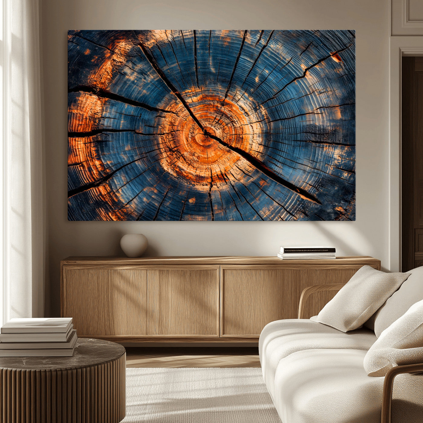 81894502-MGV-CV-36X24-Burnt Wood Wall Art Canvas Print, Framed Aged Timber Art Picture Print, Rustic Tree Slice Perfect Rustic Decor Artwork for Home,