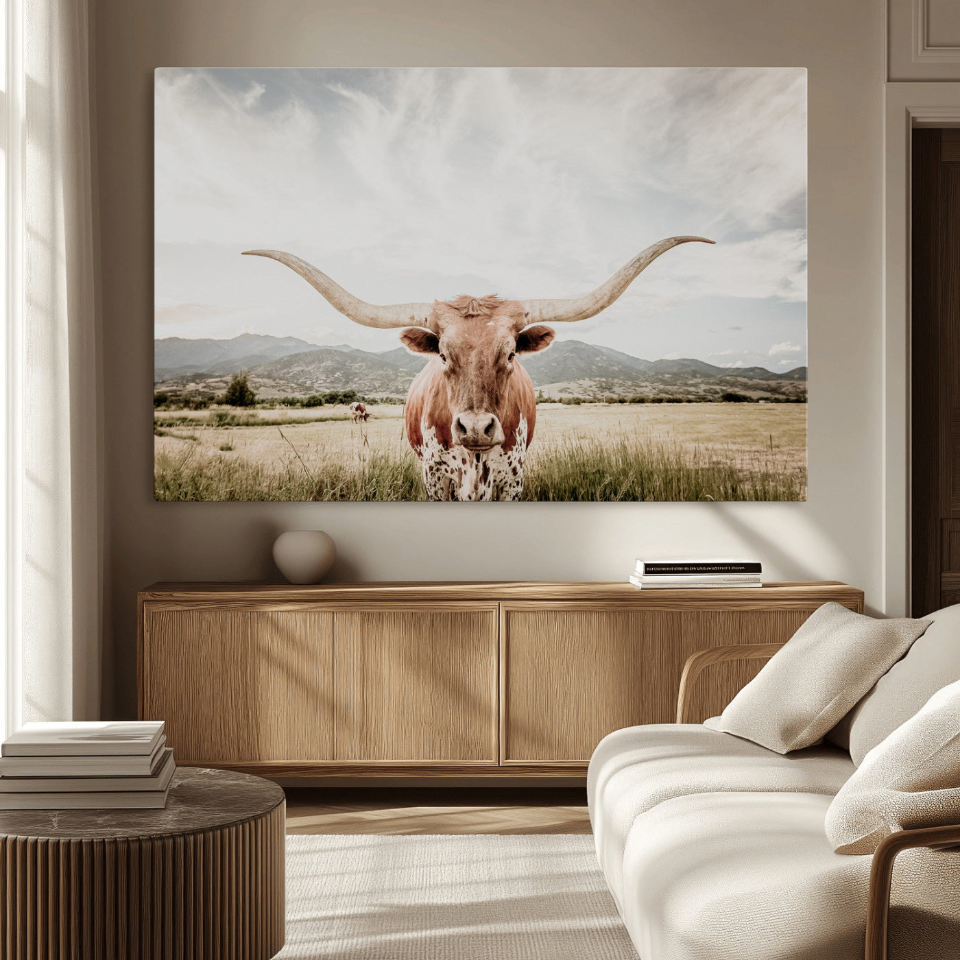 80054319-MGV-CV-36X24-Longhorn Wall Art – Rustic Western Canvas Print, Majestic Bull Artwork for Farmhouse, Ranch or Living Room