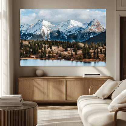 36247746-MGV-CV-36X24-Snowy Peaks Wall Art Canvas Print, Framed Alpine Lake Art Picture Print, Pine Forest Perfect Alpine Wilderness Decor Artwork