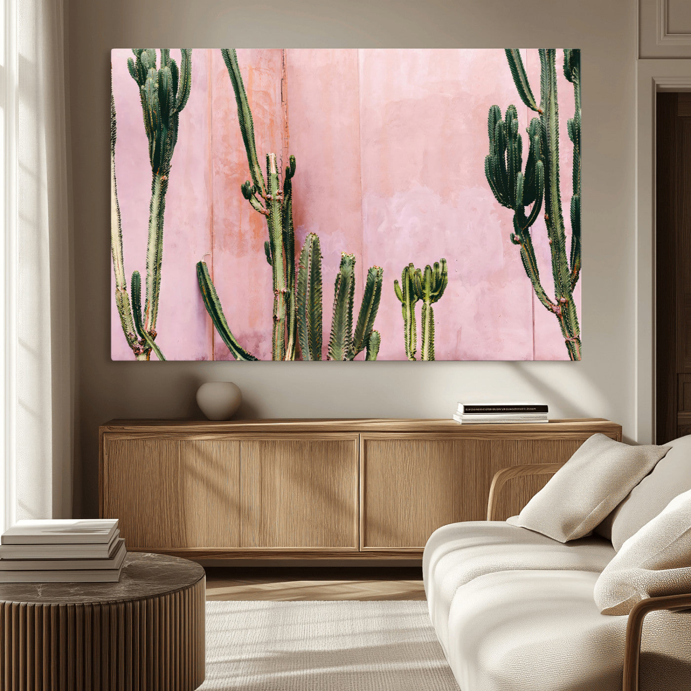 93119502-MGV-CV-36X24-Tall Cactus Wall Art Canvas Print, Framed Pink Wall Art Picture Print, Cactus Lines Perfect Modern Desert Decor Artwork