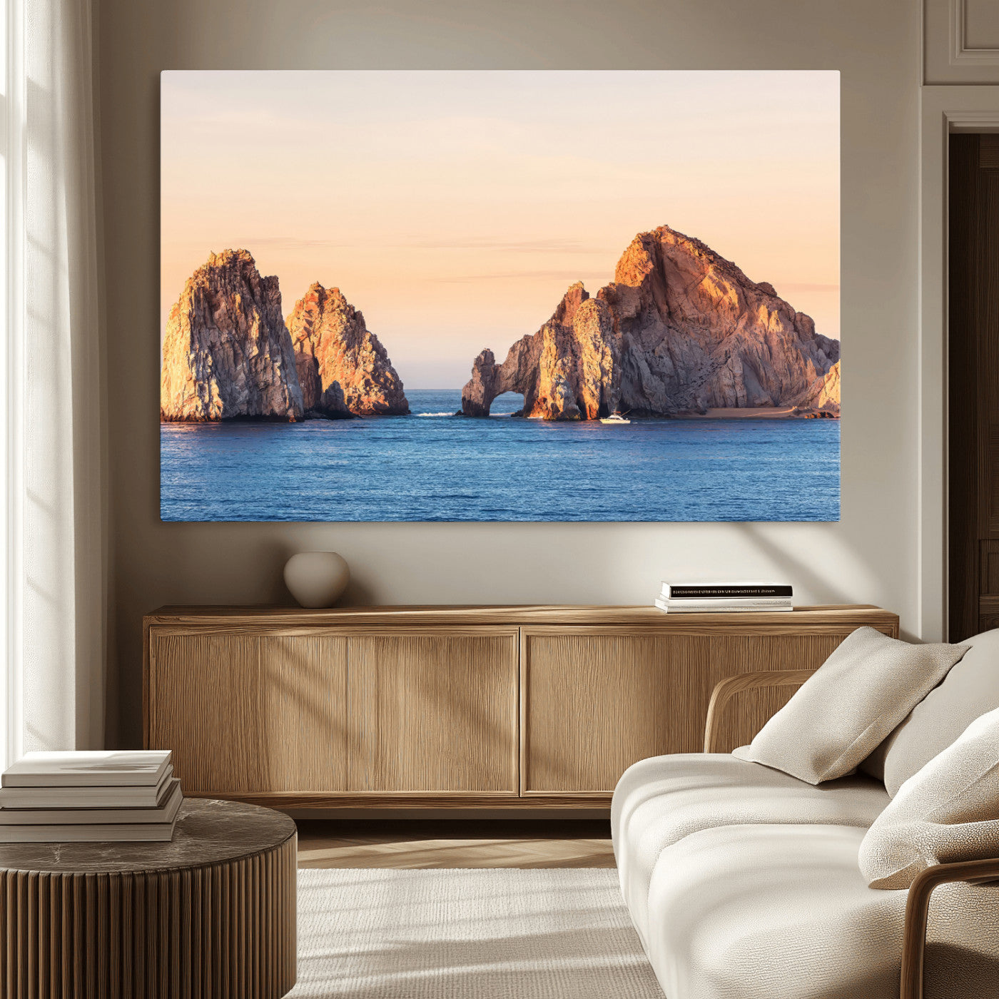 72996116-MGV-CV-36X24-El Arco Wall Art Canvas Print, Framed Cabo Rocks Art Picture Print, Ocean Arch Perfect Golden Coastal Landmark Decor Artwork