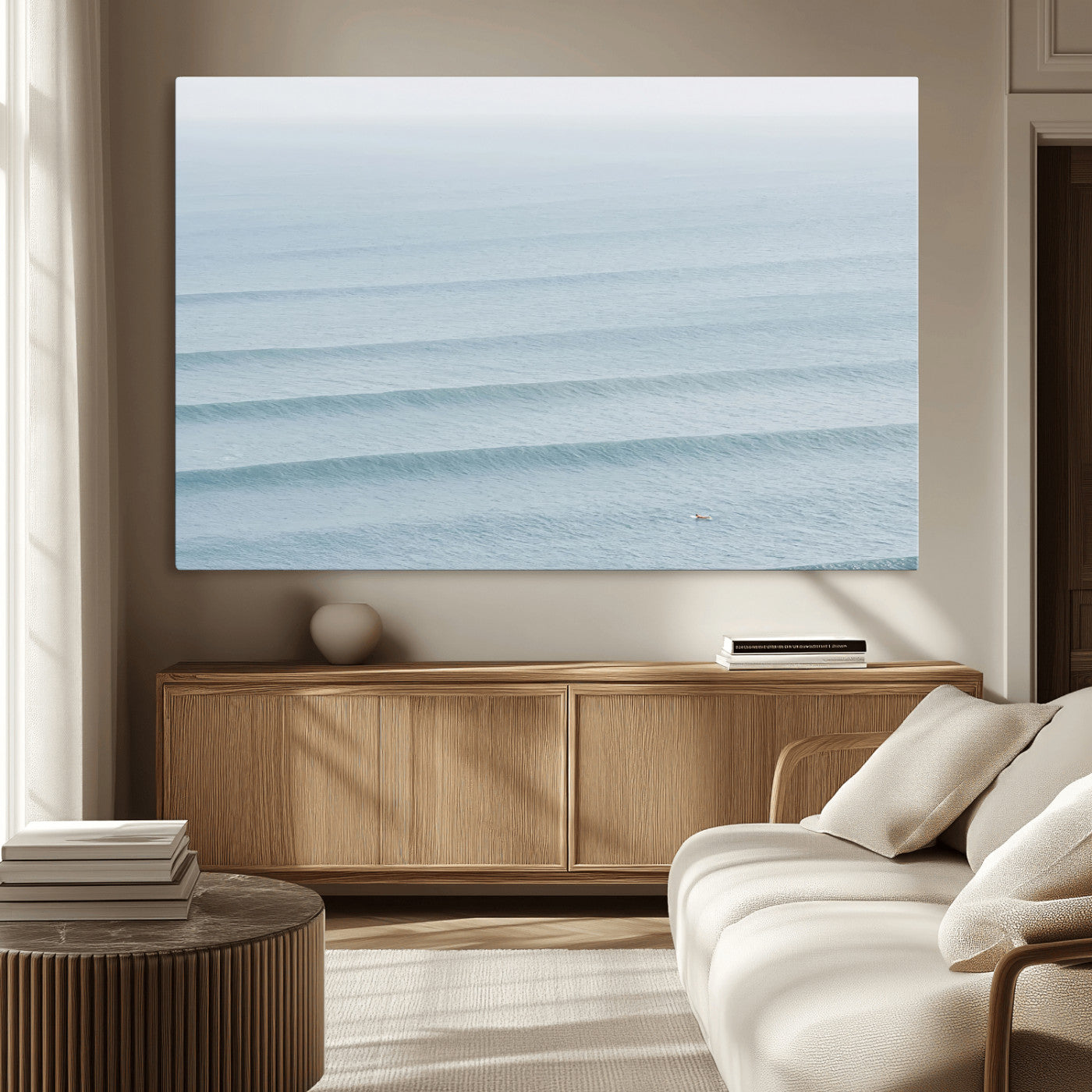 47814787-MGV-CV-36X24-Ocean Waves Wall Art Canvas Print, Framed Solo Surfer Art Picture Print, Wave Lines Perfect Minimalist Ocean Decor Artwork