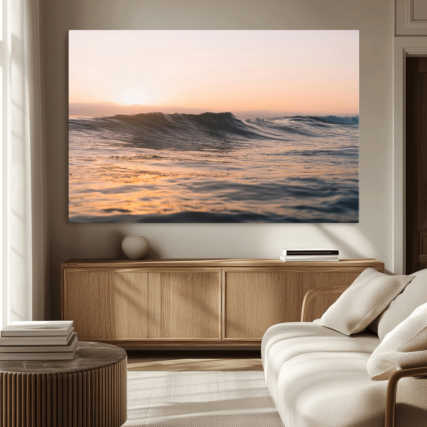 46299358-MGV-CV-36X24-Sunset Waves Wall Art Canvas Print, Framed Ocean Horizon Art Picture Print, Golden Water Perfect Golden Hour Coastal Decor Artwork