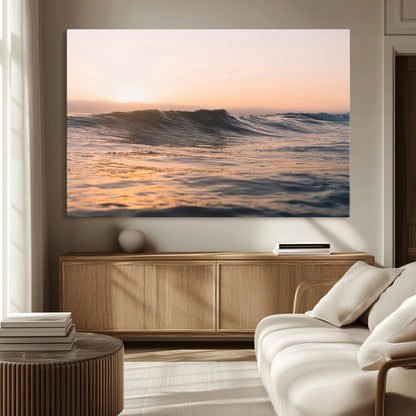 46299358-MGV-CV-36X24-Sunset Waves Wall Art Canvas Print, Framed Ocean Horizon Art Picture Print, Golden Water Perfect Golden Hour Coastal Decor Artwork