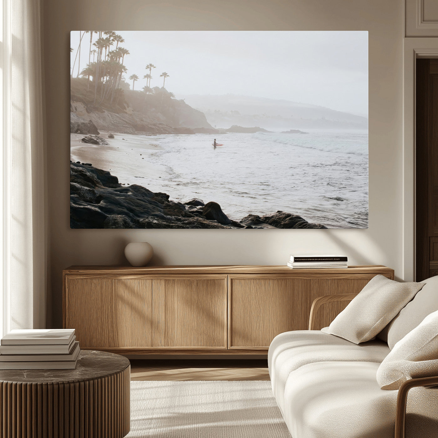 62501405-MGV-CV-36X24-Misty Beach Wall Art Canvas Print, Framed California Surfer Art Picture Print, Coastal Cliff Perfect Coastal Beach Decor Artwork