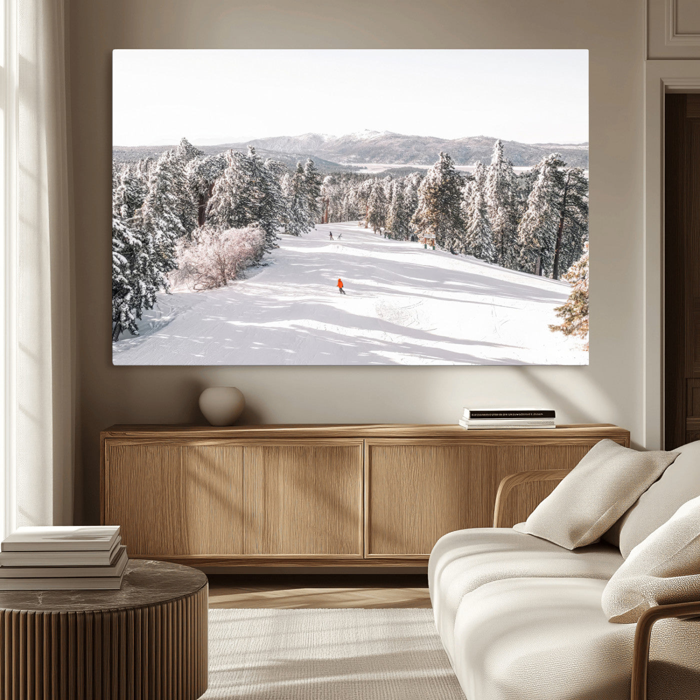 62119206-MGV-CV-36X24-Snowy Trail Wall Art Canvas Print, Framed Ski Slope Art Picture Print, Winter Pines Perfect Alpine Adventure Decor Artwork