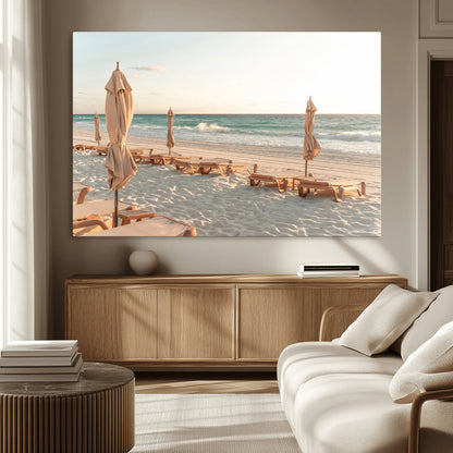 58507949-MGV-CV-36X24-Beach Umbrellas Wall Art Canvas Print, Framed Empty Loungers Art Picture Print, Soft Sand Perfect Minimalist Seaside Decor Artwork