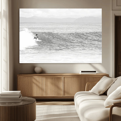 81535128-MGV-CV-36X24-Surfer Woman Wall Art Canvas Print, Framed Black Ocean Art Picture Print, Ocean Surfing Perfect Monochrome Coastal Decor Artwork