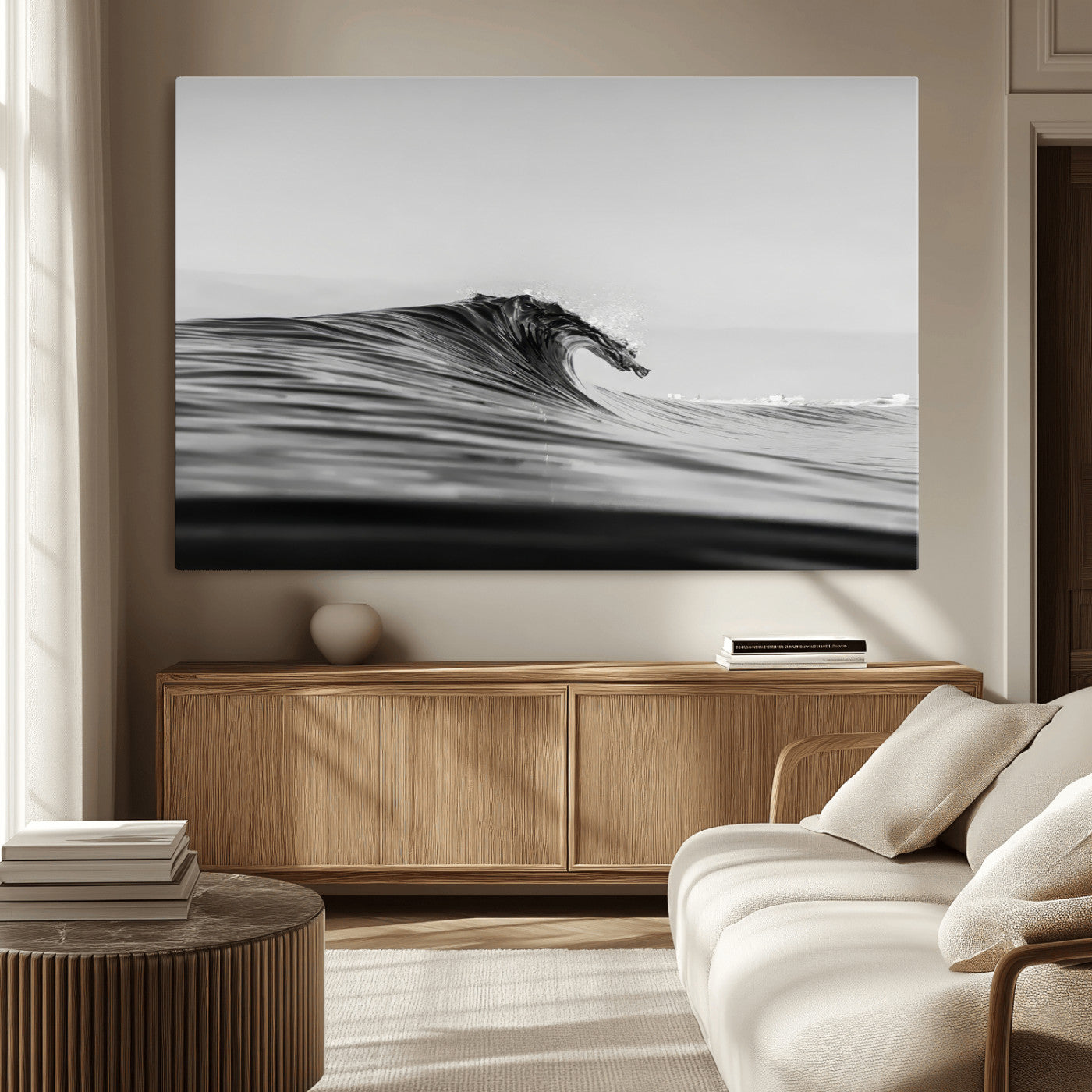 24029476-MGV-CV-36X24-Black Wave Wall Art Canvas Print, Framed Abstract Surf Art Picture Print, Minimalist Ocean Perfect Minimalist Coastal Decor