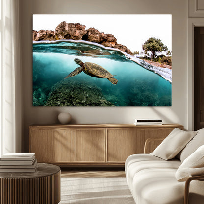 44200301-MGV-CV-36X24-Sea Turtle Swim Wall Art Canvas Print, Framed Ocean Life Art Picture Print, Tropical Shoreline Perfect Tropical Coastal Decor
