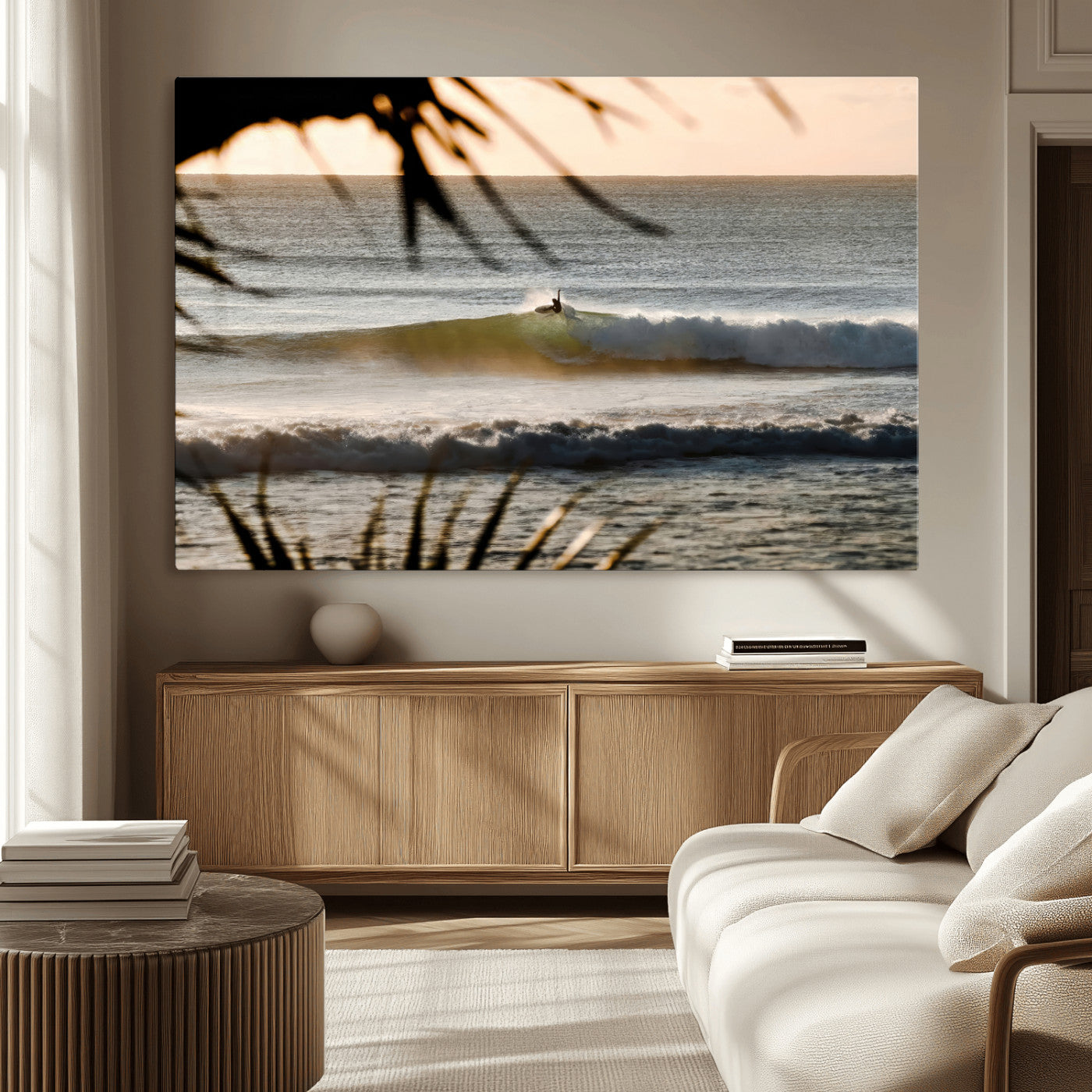 24896468-MGV-CV-36X24-Sunset Surf Wall Art Canvas Print, Framed Golden Waves Art Picture Print, Tropical Ocean Perfect Tropical Boho Decor Artwork