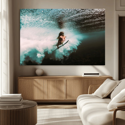85923512-MGV-CV-36X24-Aquatic Motion Wall Art Canvas Print, Framed Underwater Swimming Art Picture Print, Female Surfer Diving Perfect Coastal Boho