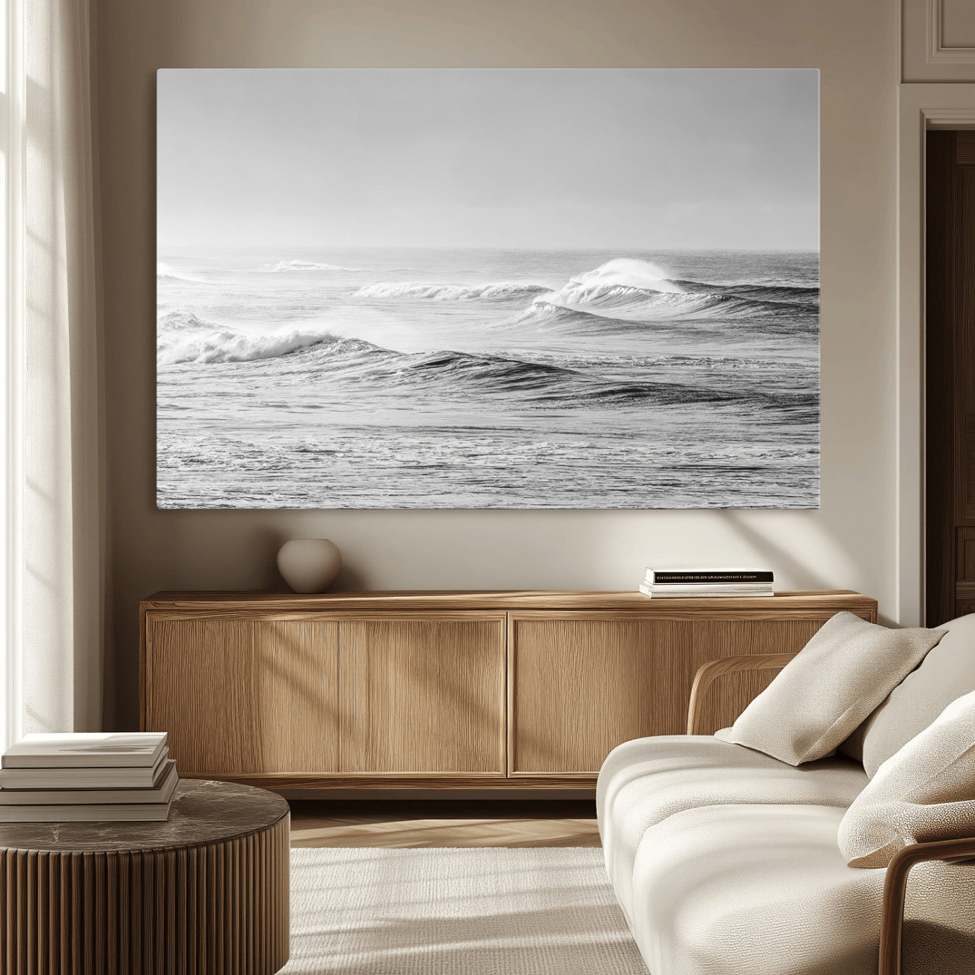 98634812-MGV-CV-36X24-Black and White Ocean Waves Wall Art – Minimalist Sea Canvas Print, Coastal Photography Decor for Living Room, Bedroom or Office
